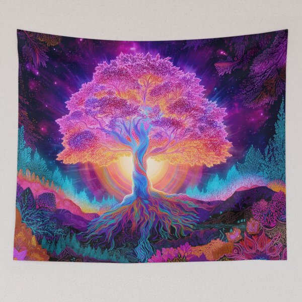 Item preview, Radiant Tree of Life – Spiritual Psychedelic Tapestry with Cosmic Glow designed and sold by WakaWakoStudio.
