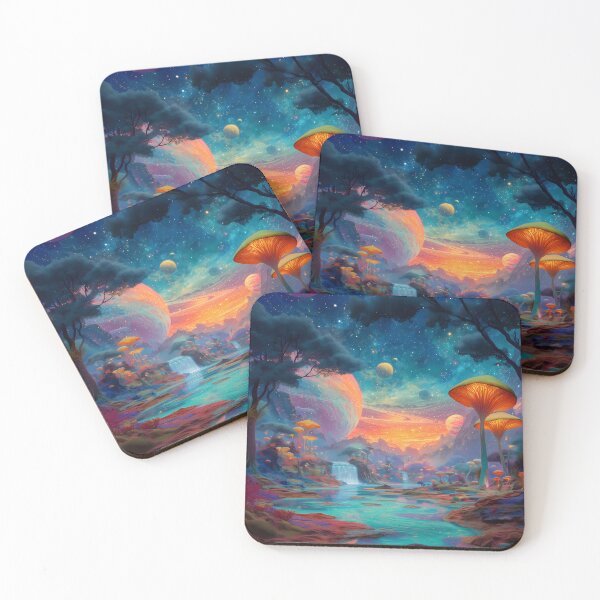 Item preview, Cosmic Waterfalls in a Glowing Mushroom World – Psychedelic Galaxy Fantasy Landscape designed and sold by WakaWakoStudio.