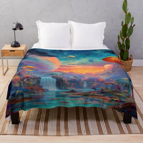 Item preview, Cosmic Waterfalls in a Glowing Mushroom World – Psychedelic Galaxy Fantasy Landscape designed and sold by WakaWakoStudio.