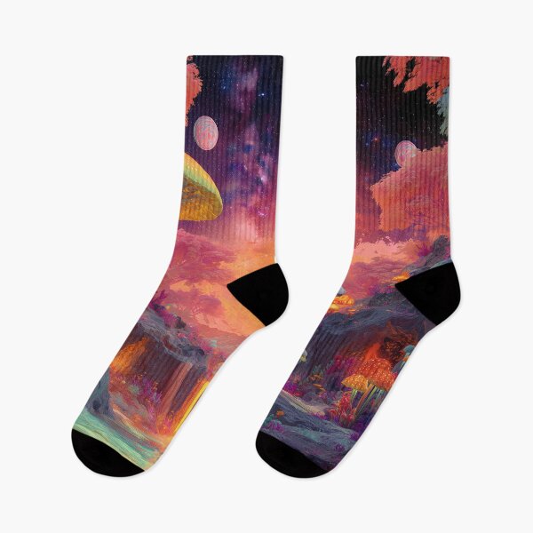 Item preview, Celestial Mushroom Falls – Sunset Fantasy Landscape Under Alien Skies designed and sold by WakaWakoStudio.