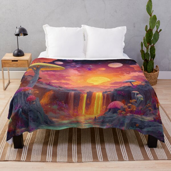 Item preview, Celestial Mushroom Falls – Sunset Fantasy Landscape Under Alien Skies designed and sold by WakaWakoStudio.