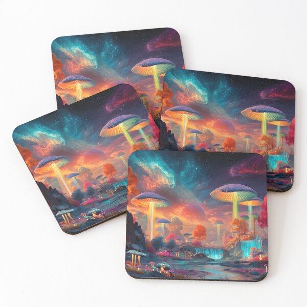 Item preview, Glowing Cosmic Mushrooms – Fantasy Waterfall Forest Under Galaxy Sky designed and sold by WakaWakoStudio.