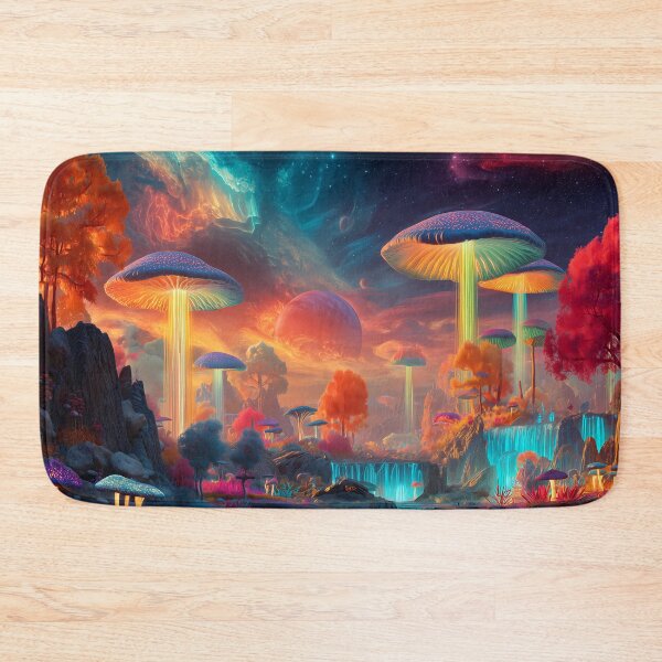 Item preview, Glowing Cosmic Mushrooms – Fantasy Waterfall Forest Under Galaxy Sky designed and sold by WakaWakoStudio.