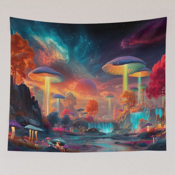 Item preview, Glowing Cosmic Mushrooms – Fantasy Waterfall Forest Under Galaxy Sky designed and sold by WakaWakoStudio.