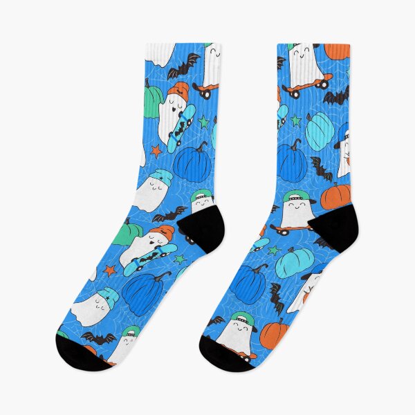 Item preview, Halloween Skater Ghosts and Pumpkins Blue designed and sold by SamAnnDesigns.