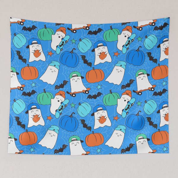 Item preview, Halloween Skater Ghosts and Pumpkins Blue designed and sold by SamAnnDesigns.
