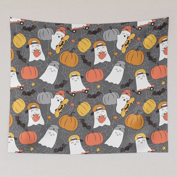 Item preview, Halloween Skater Ghosts and Pumpkins Gray designed and sold by SamAnnDesigns.