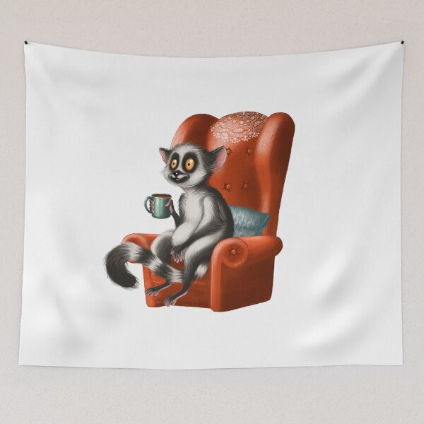 Item preview, Friendly lemur relaxing in a cozy armchair while sipping a warm beverage designed and sold by Ms. Iryna.