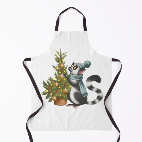 Item preview, Lemur decorating a Christmas tree in a cozy indoor setting with holiday lights and ornaments designed and sold by Ms. Iryna.