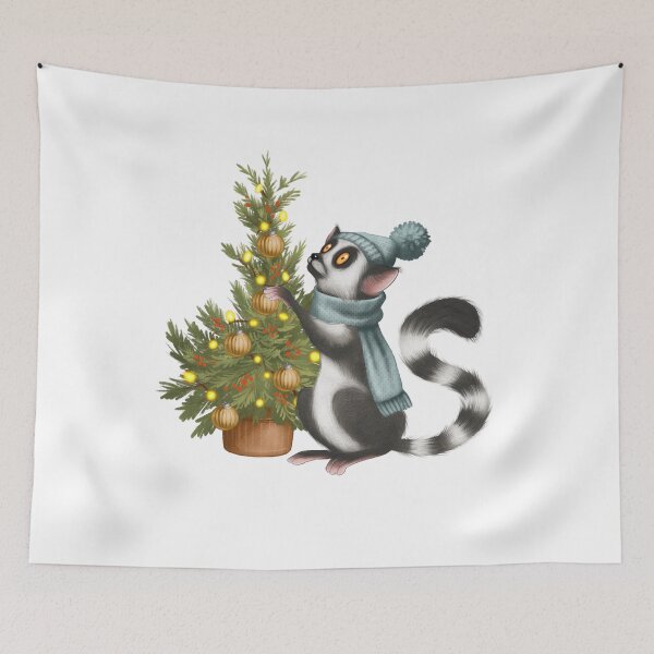 Item preview, Lemur decorating a Christmas tree in a cozy indoor setting with holiday lights and ornaments designed and sold by Ms. Iryna.
