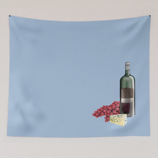 Item preview, Elegant still life with wine bottle, mold cheese piece and red grapes designed and sold by katecheerycake.