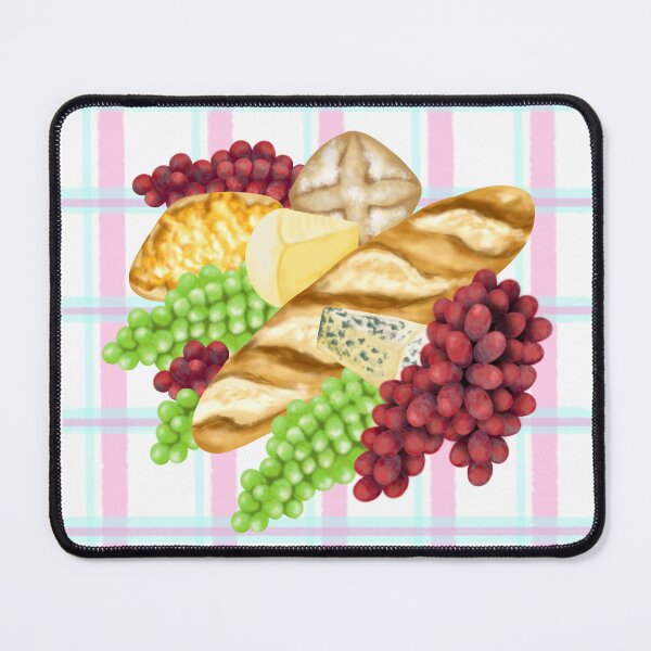 Item preview, An imaginative arrangement of bread, grapes and cheese in front of a geometric pattern. designed and sold by katecheerycake.