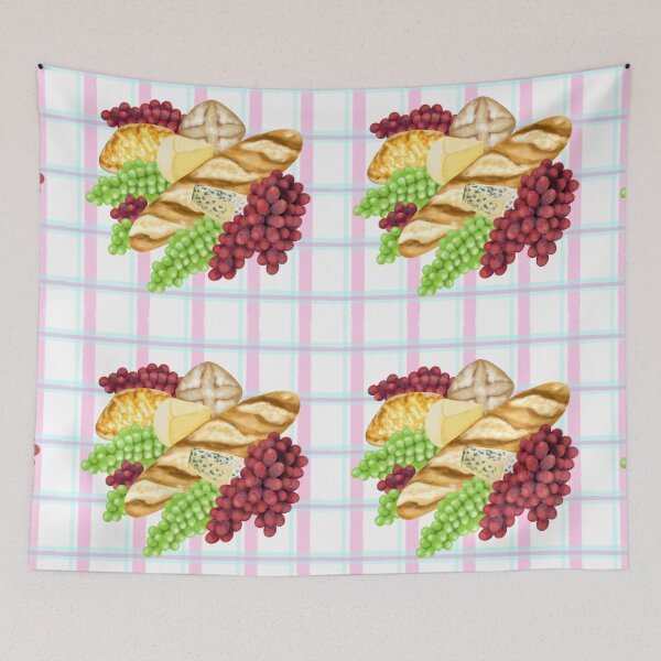 Item preview, An imaginative arrangement of bread, grapes and cheese in front of a geometric pattern. designed and sold by katecheerycake.