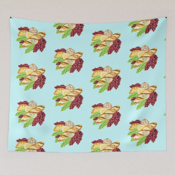 Item preview, Still life with baguette, rolls, cheese and grapes designed and sold by katecheerycake.