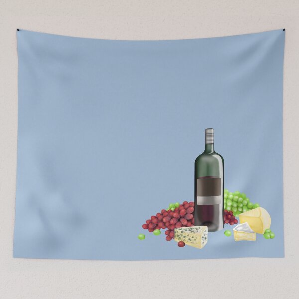 Item preview, Harmonious composition of wine bottle, cheese and grapes designed and sold by katecheerycake.