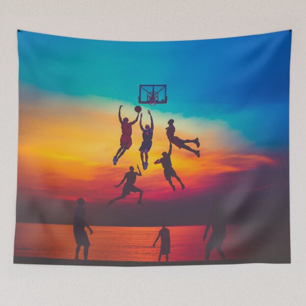 Item preview, Sunset gradient backdrop with basketball players in mid-air Active Outdoors Inspired Art designed and sold by CDC40.