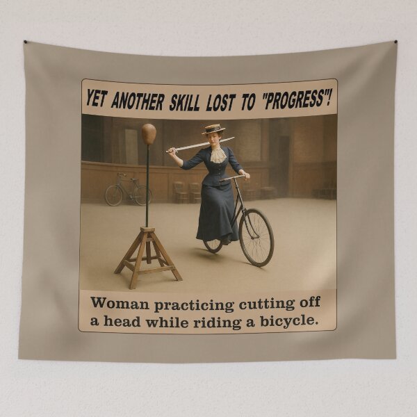 Item preview, Funny Vintage Woman Riding Old Bicycle With Sword Meme designed and sold by Maljonic.