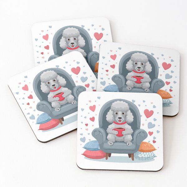 Item preview, Silver Gray Poodle Drinking Coffee with Cozy Pillows and Hearts designed and sold by ScribbL-ScrabbL.