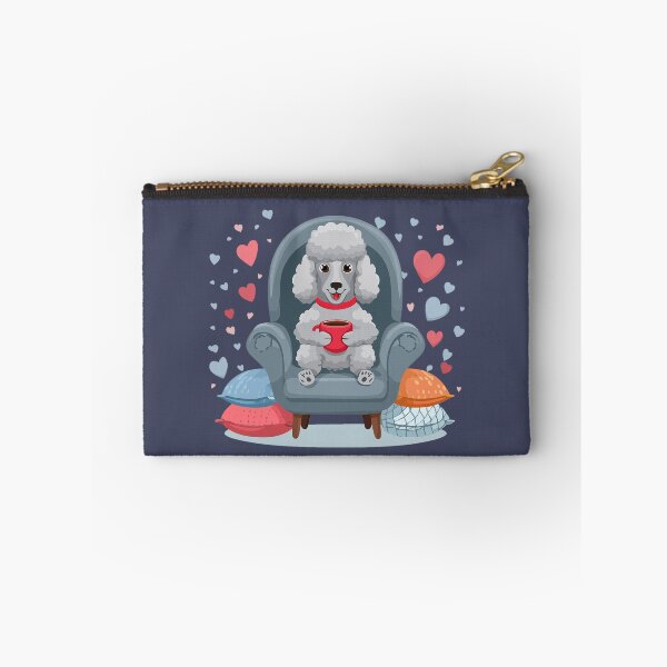 Item preview, Silver Gray Poodle Drinking Coffee with Cozy Pillows and Hearts designed and sold by ScribbL-ScrabbL.