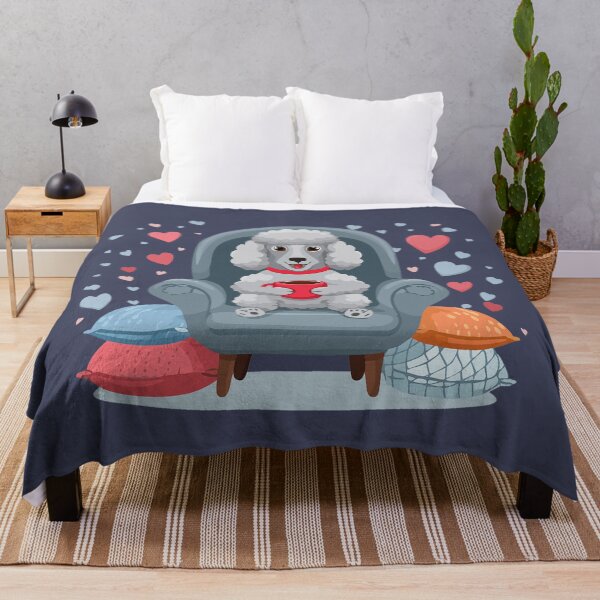Item preview, Silver Gray Poodle Drinking Coffee with Cozy Pillows and Hearts designed and sold by ScribbL-ScrabbL.