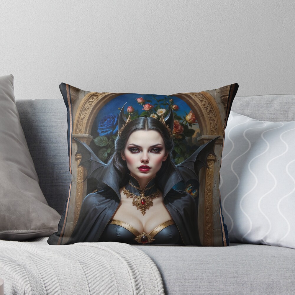 Dark Elegance Of Lyrisandra And The Dark Blue Rose Mesmerizing AI Concept Art by Xzendor7 Decorative Art Print Throw Pillow