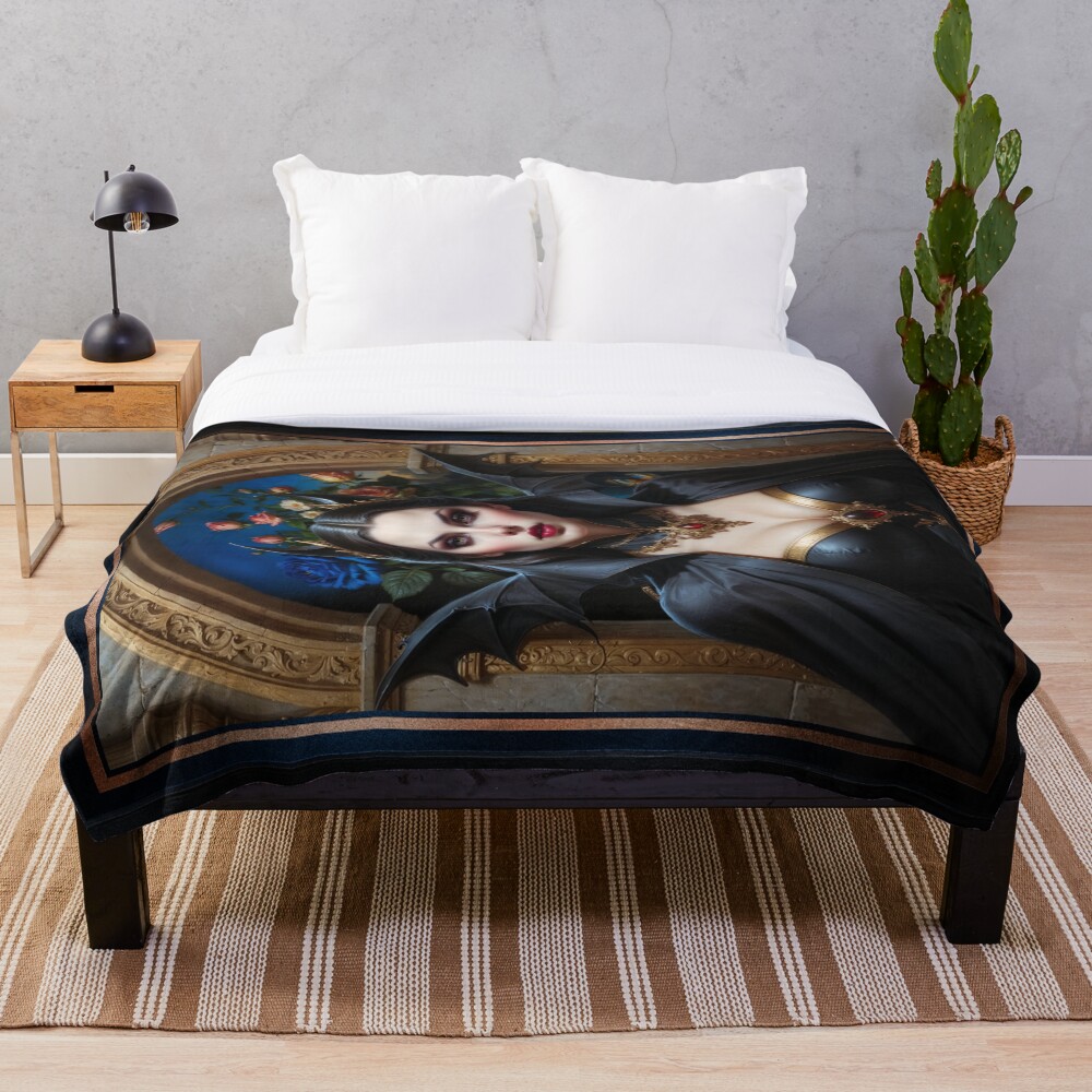 Dark Elegance Of Lyrisandra And The Dark Blue Rose Mesmerizing AI Concept Art by Xzendor7 Decorative Art Print Throw Blanket