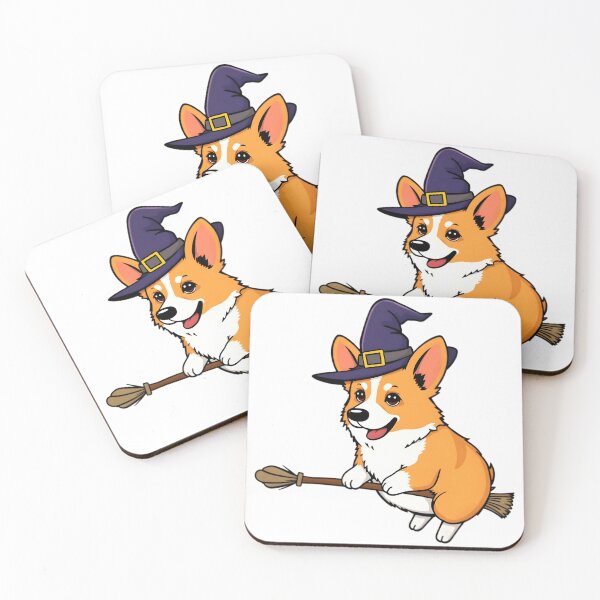Aperçu de l'œuvre Un corgi portant un chapeau de sorcière chevauchant un balai créée et vendue par DOG DESIGN.