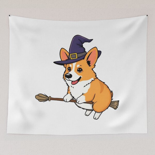 Aperçu de l'œuvre Un corgi portant un chapeau de sorcière chevauchant un balai créée et vendue par DOG DESIGN.