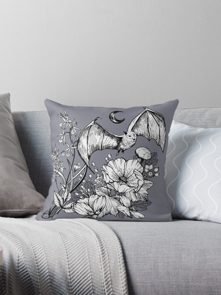 bat plants pillow on Redbubble, art by sherrie thai of shaireproductions