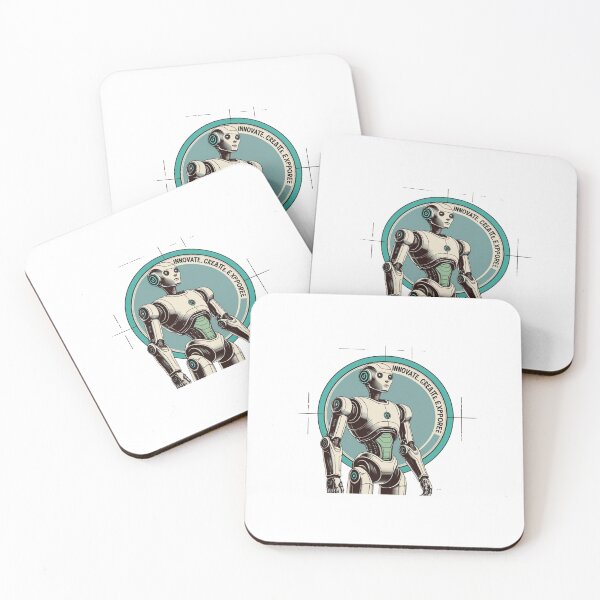 Item preview, Innovate Create Explore – Retro Futuristic Robot Badge Tee designed and sold by PP Shop.