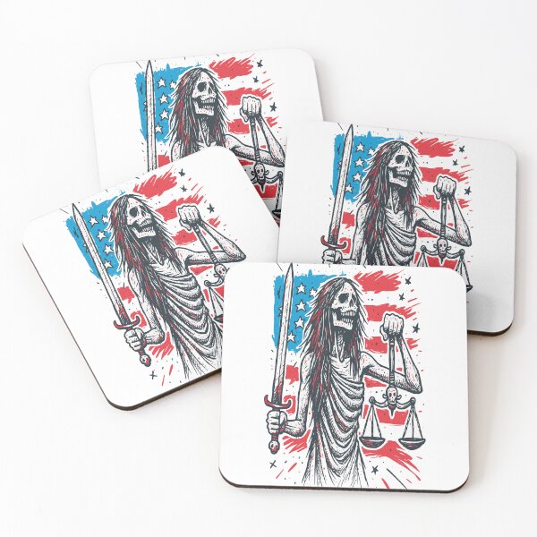 Item preview, Dark Gothic Lady Justice - Skeleton with Scales and Sword Over Distressed American Flag designed and sold by Vivid Void Apparel.