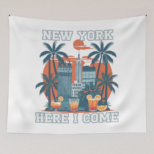 Item preview, New York Here I Come – Urban Sunset Cityscape with Palms & Cocktails designed and sold by PeteLawliiet.