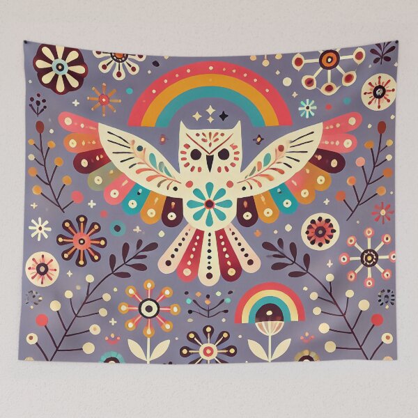 Item preview, Owl Rainbow Flight - Whimsical Scandinavian Folk Art by heidiannemorris © designed and sold by FOLK ART FUSION by heidiannemorris.