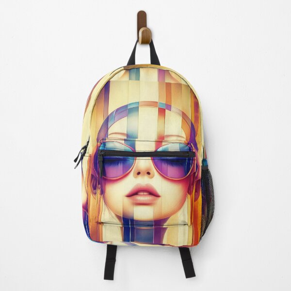 Item preview, Retro Futuristic Girl with Sunglasses – Colorful Striped Vaporwave Vibes designed and sold by Shoot-The-Moon.