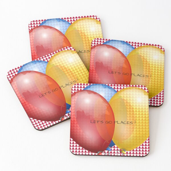 Item preview, Red,blue and yellow balloons with lets go places words on a red pinetree shapes designed and sold by wallartofmio.