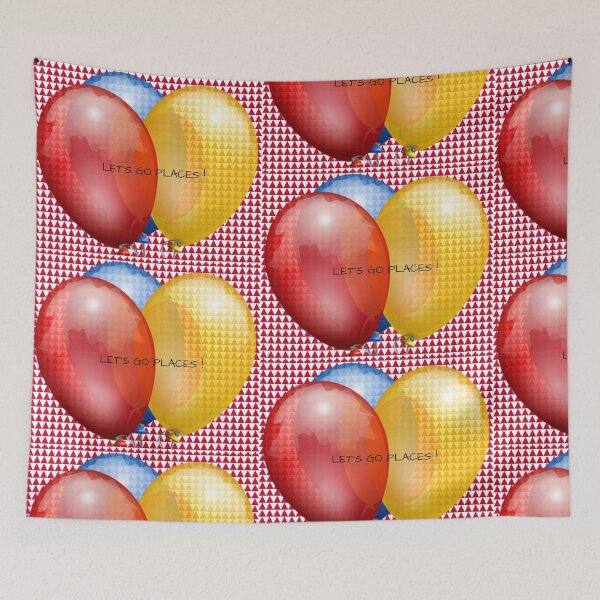 Item preview, Red,blue and yellow balloons with lets go places words on a red pinetree shapes designed and sold by wallartofmio.