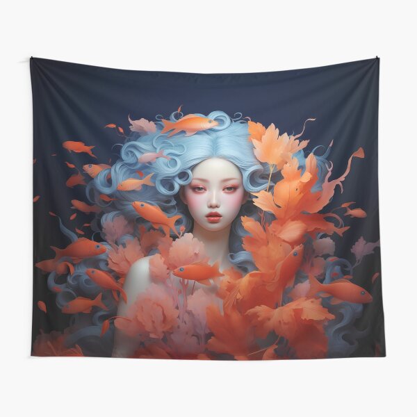 Item preview, Fantasy Blue Hair Woman with Orange Fish | Surreal Tapestry Poster designed and sold by WakaWakoStudio.