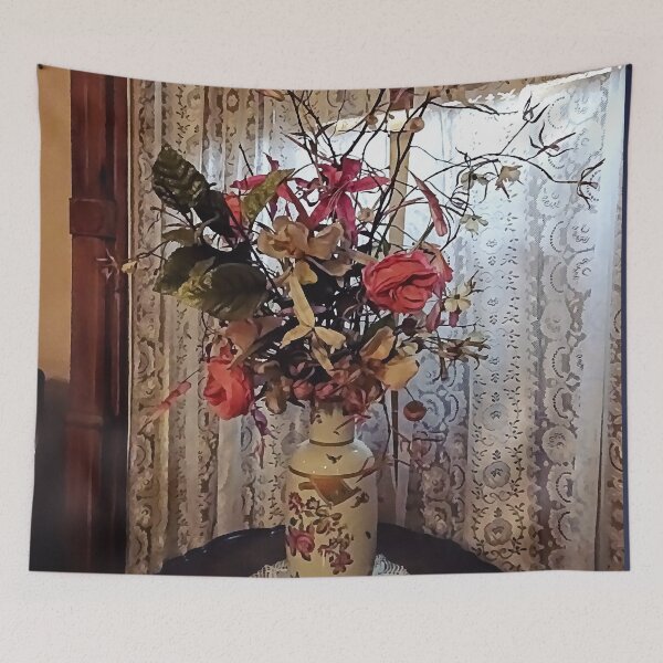 Item preview, Bouquet With Roses In Front of Lace Curtain designed and sold by Susan Savad.