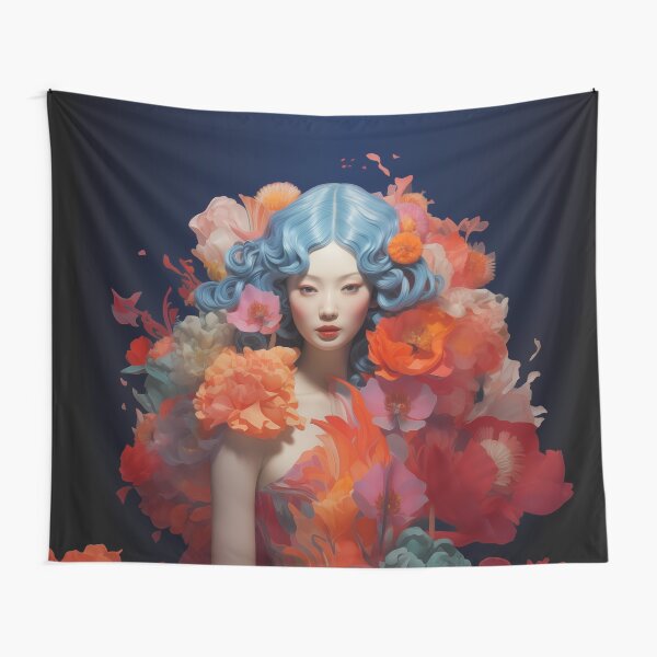 Item preview, Vivid Floral Fantasy Woman | Bright Blue Hair Art Poster Tapestry designed and sold by WakaWakoStudio.