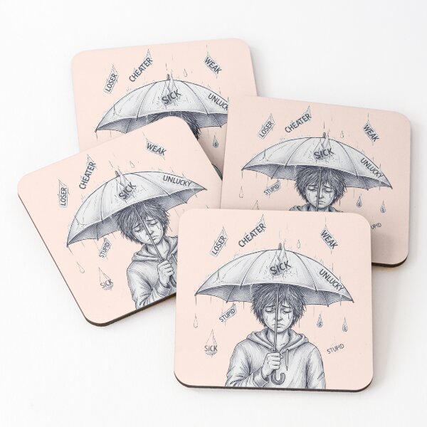 Item preview, Emotional Relatable Sketch – Sad Boy Under Bullying Words Umbrella designed and sold by Just Meaningful.