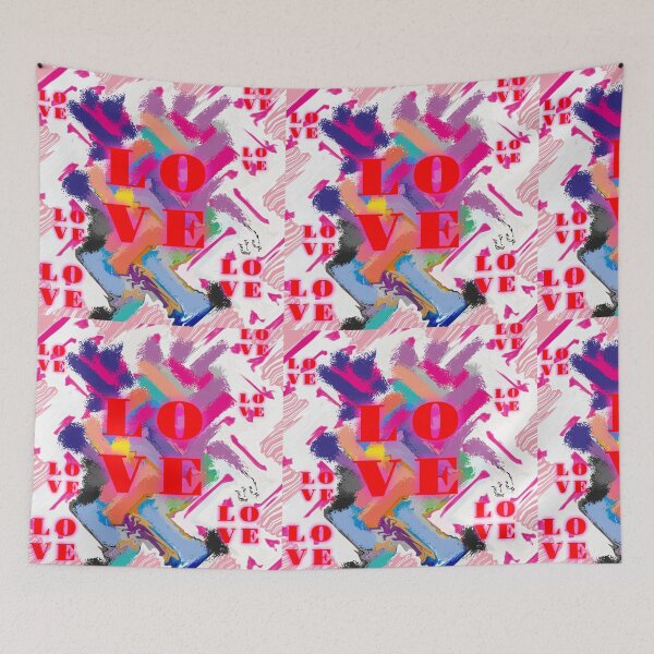 Aperçu de l'œuvre Art abstrait coloré avec des mots d'AMOUR partout créée et vendue par wallartofmio.