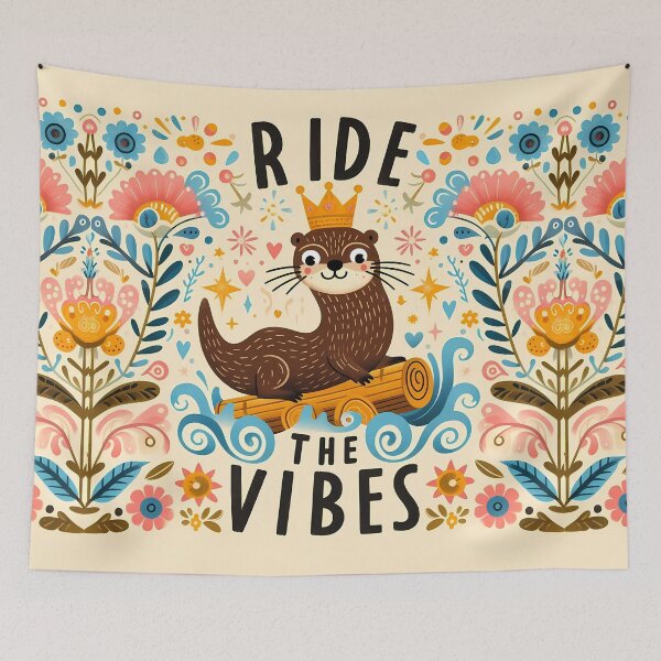 Item preview, Ride The Vibes Otter - Cheerful Scandinavian Folk Art by heidiannemorris © designed and sold by FOLK ART FUSION by heidiannemorris.