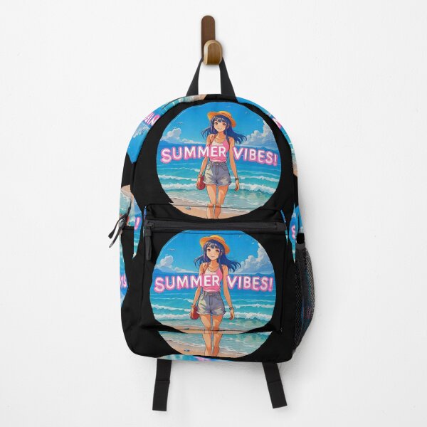Item preview, Motivational Anime girl walk on a beach with big phrase "SUMMER VIBES!" in the center inside a circle. designed and sold by Giulivo Store Graphic.