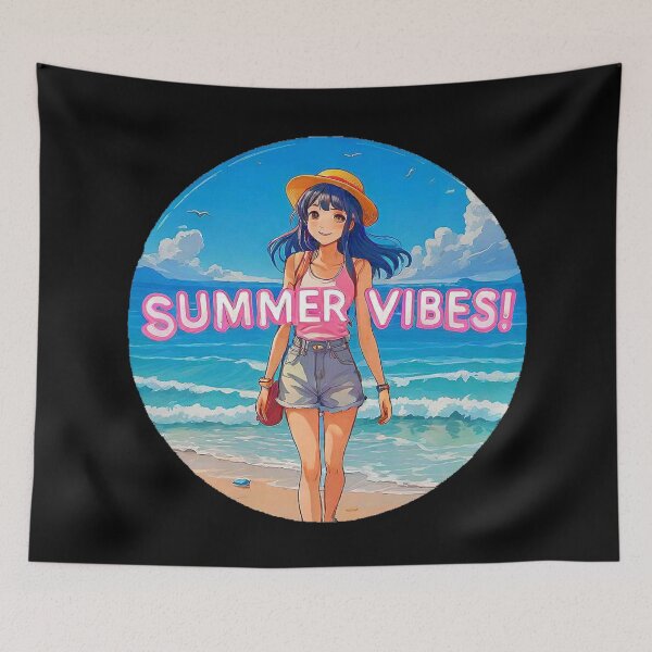 Item preview, Motivational Anime girl walk on a beach with big phrase "SUMMER VIBES!" in the center inside a circle. designed and sold by Giulivo Store Graphic.