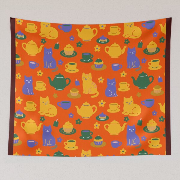 Item preview, Cats breakfast tea party orange designed and sold by Alessandro Remo Mazzoni Remotextiles.