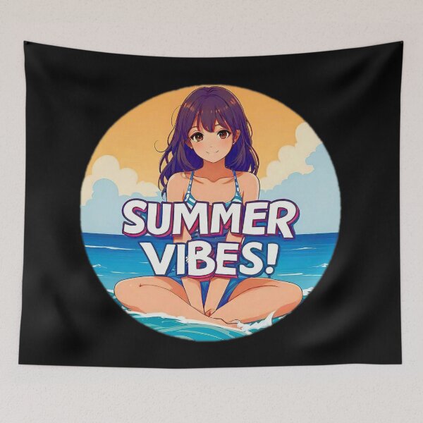 Item preview, Motivational Anime girl sit on a beach with big phrase "SUMMER VIBES!" in the center inside a circle. designed and sold by Giulivo Store Graphic.