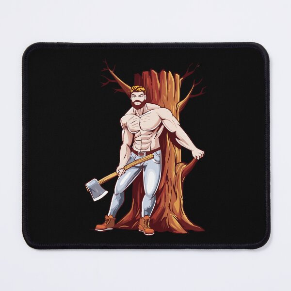 Item preview, Muscular lumberjack with big ax in hand, man lumberjack with a large axe, ready for work in a forest setting, axeman with axe in hands, carpentry, woodworker, sawmill concept designed and sold by Danler.