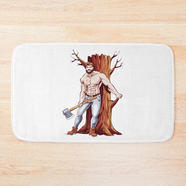 Item preview, Muscular lumberjack with big ax in hand, man lumberjack with a large axe, ready for work in a forest setting, axeman with axe in hands, carpentry, woodworker, sawmill concept designed and sold by Danler.