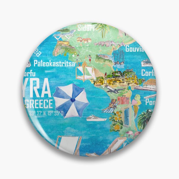 Item preview, Corfu Kerkyra Illustrated Greece Island Travel Map in Ionian Sea with Roads and Tourist Highlights designed and sold by artshop77.