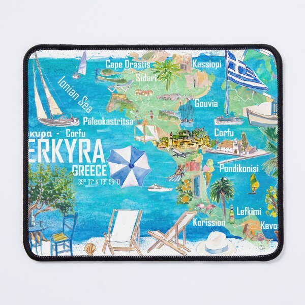Item preview, Corfu Kerkyra Illustrated Greece Island Travel Map in Ionian Sea with Roads and Tourist Highlights designed and sold by artshop77.